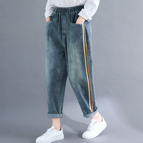 

women jeans denim pants bottoms trousers big loose straight long striped retro vintage fashion casual bo18211529, Blue