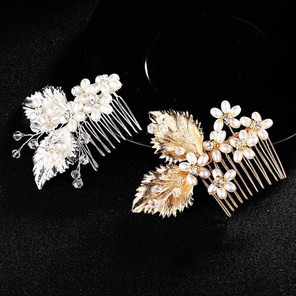 

women gold/silver leaf hair comb wedding hair jewelry handmade faux pearls bridal headpiece bridesmaid accessories, Golden;white