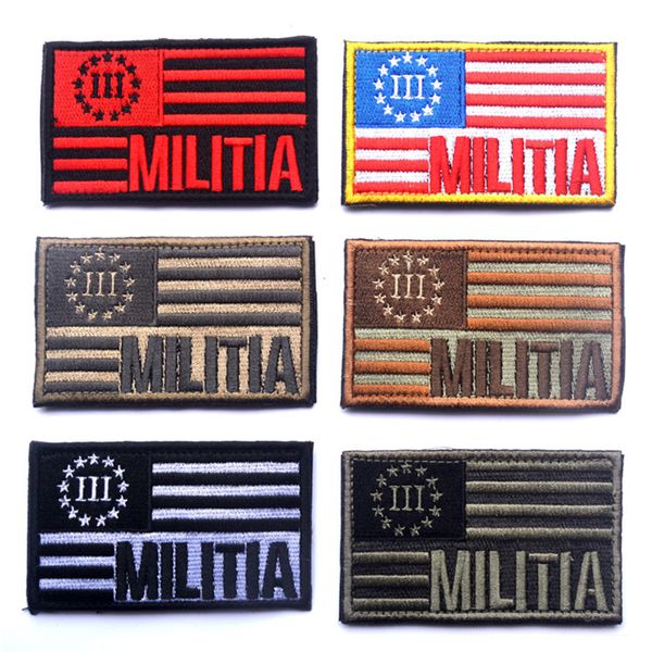 Bandiera americana ricamata + Patch MILITIA Toppe tattiche 3D Tessuto Distintivo dell'esercito americano Panno da combattimento Bracciale Distintivi militari