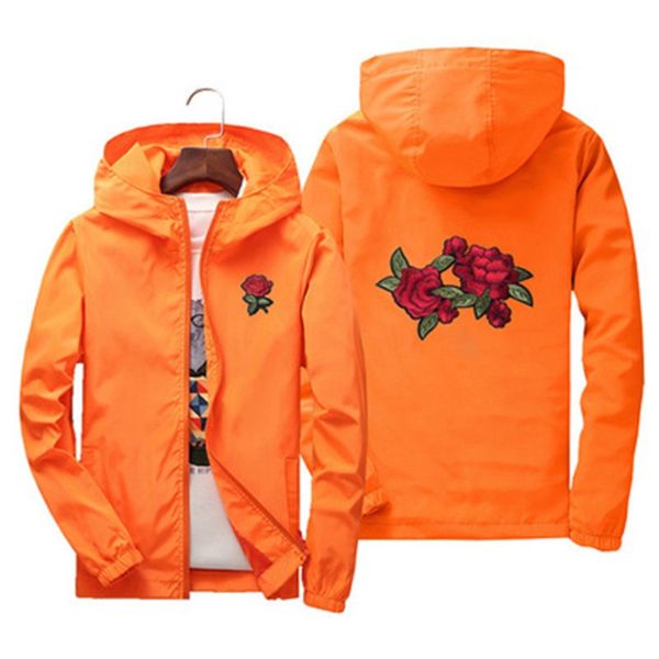 

men women cute rose embroidery jackets europe russia spring autumn pretty style casual orange red zipper hooded coats, Black;brown