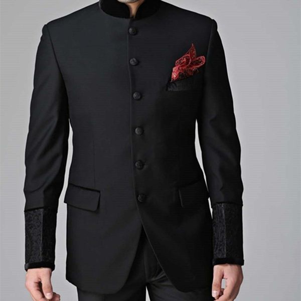 

six buttons groomsmen mandarin lapel groom tuxedos black men suits wedding suit men terno masculino(jacket+pants+handkerchief, White;black