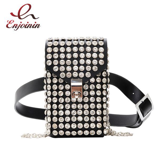

black &white fanny pack for women rhinestone waist chest bag money phone pouch fashion ladies belt bags purses