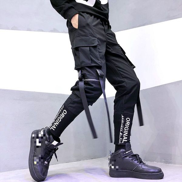 

leisure streetwear overalls hip-hop pants streetwear men men's brand fashion pocket pants elastic waist ribbon sweatpants trousers nxgp, Black