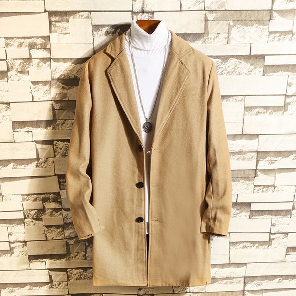 

new men's woolen coat men's long windbreaker woolen coat casual fashion loose spring and autumn winter trend, Tan;black