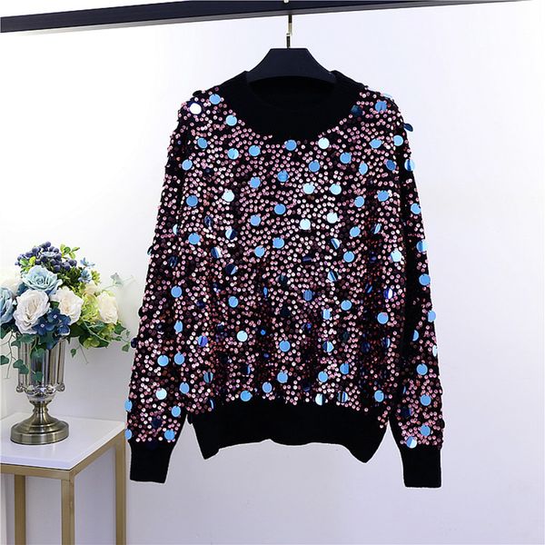 

verdejuliay runway women sweater 2020 autumn winter new fashion design long sleeve luxury sequined knitting top, White;black