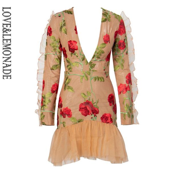 

love&lemonade deep v-neck ruffle trim mesh mesh embroidery material long sleeve going out dress lm81682-1, Black;gray