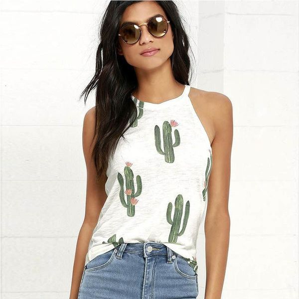 

топы для женщин женщина танки tops рукавов секси печати green plant cactus футболка tee женский летний пляж tshirt blusas dropship, White