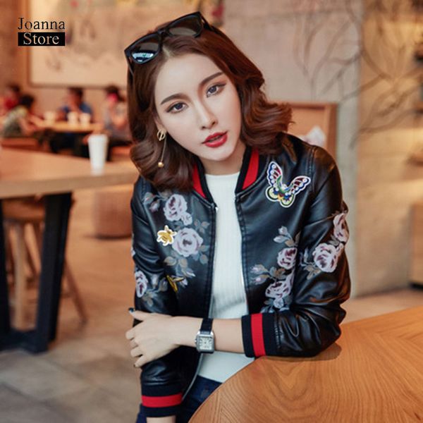 

куртка из искусственной кожи женщин бейсбол пальто вышивка 3xl плюс размер байкер куртка уличная одежда винтаж осень зима женская одежда, Black