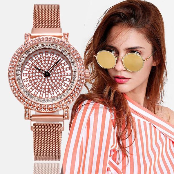 

ladies full fake diamond dial to run quartz mesh belt watch fashion round dial wristwatch gift for friends rose gold, Slivery;brown