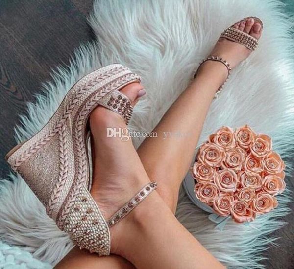 

summer women red bottom madmonica spikes wedge & sandals ladies luxury women designer dress,party ankle strap gladiator sandals eu35-42, Black