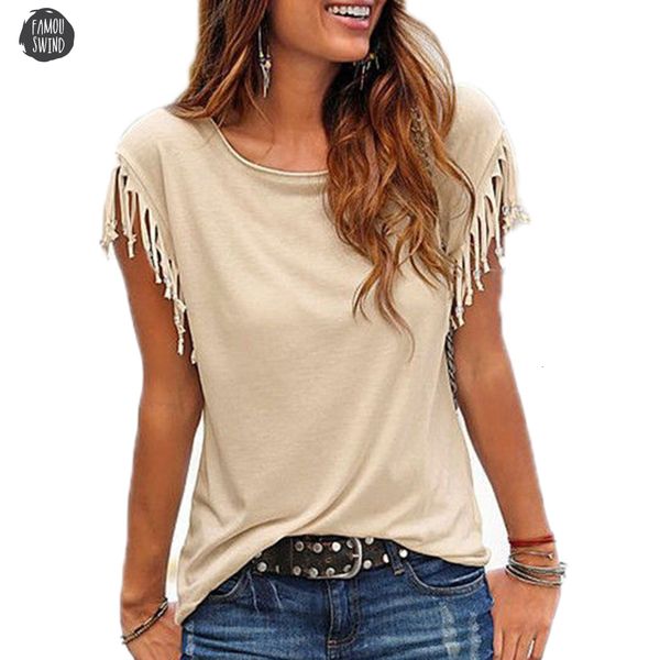 

cotton women tassel casual blouses shirts sleeved solid color short short sleeve o neck womens clothing, White