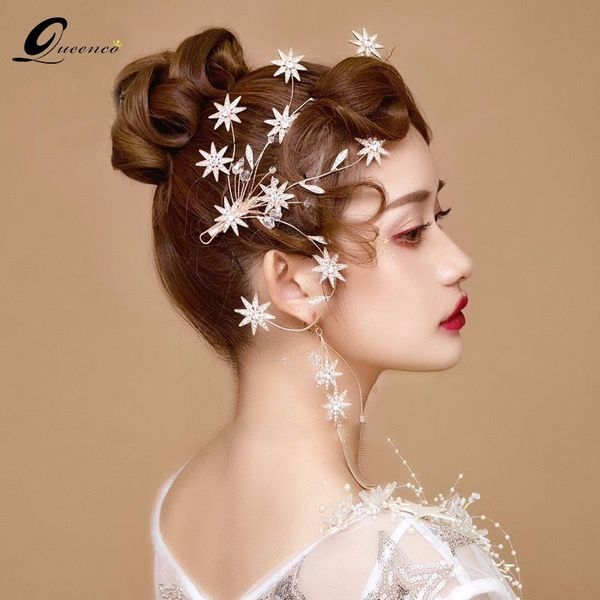 

new fashion star wedding hair accessories with earrings women hair clip bridal ornaments jewelry party gift, Golden;white