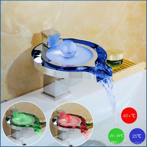 

Led Bathroom Faucet Brass Chromed Waterfall Bathroom Basin Faucets 3 Color Change Tap Water Power Basin Led Mixer Faucet