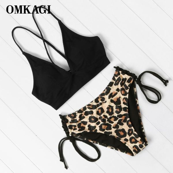 

omkagi swimwear women leopard bikini set bandage swimsuit womens bathing suits push up bikinis high waist bikini 2020, White;black