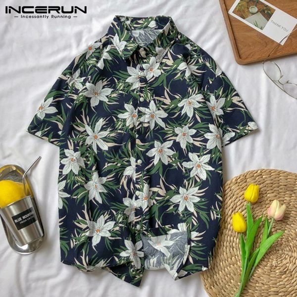 

2019 new beach hawaiian shirt men flower print short sleeve lapel neck basic brand shirts men blouse camisa masculina incerun, White;black