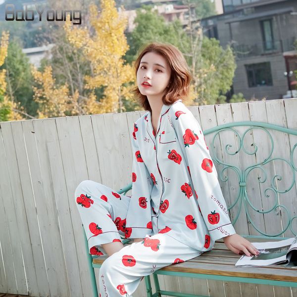 

babyoung summer pyjamas satin silk women pajamas sets pijamas mujer tomato pattern femme long sleeve sleepwear female homewear, Blue;gray