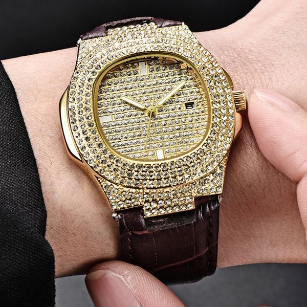 

men wristwatch bling fully rhinestone quartz iced out gold silver diamond men's watches 2019 male clock relojes para hombre q5, Slivery;brown