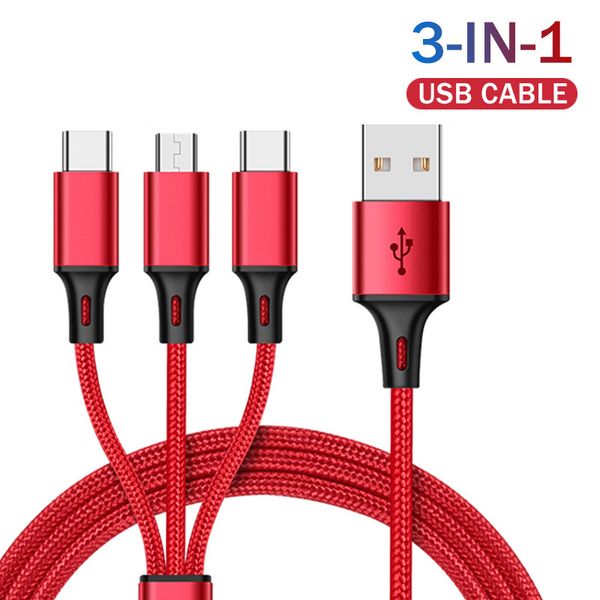 

3 in 1 type c cable 1.2m 4ft fast charging braided nylon alloy micro usb data charger line wire for samsung android