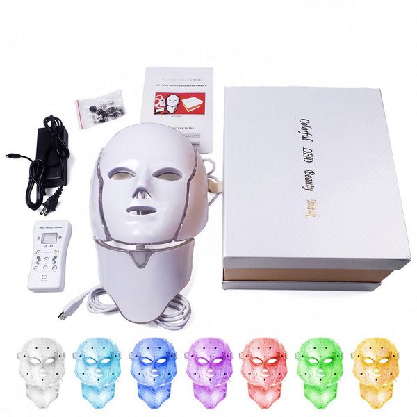 7 cores LED Máscara facial com Pescoço Rejuvenescimento de pele Relementar tratamento de cuidados beleza anti-acne whitening instrument DHL Freeshipping