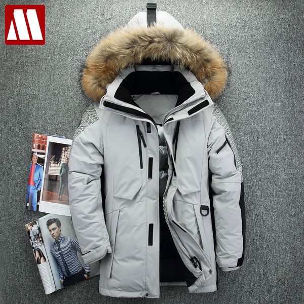 

40 degree cold resistant russia winter parkas down jacket man genuine fur collar thick warm white duck down men's winter coat, Black