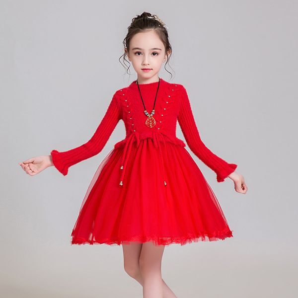 

girl's dresses wool skirt in winter plus velvet warm sweater mesh the big children's knitted long-sleeved dress, Red;yellow