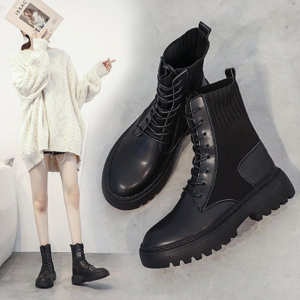 

martin boots and womens 2019 new autumnwinter korean edition flying wool elastic shoe tool thick bottom large size womens boots, Black