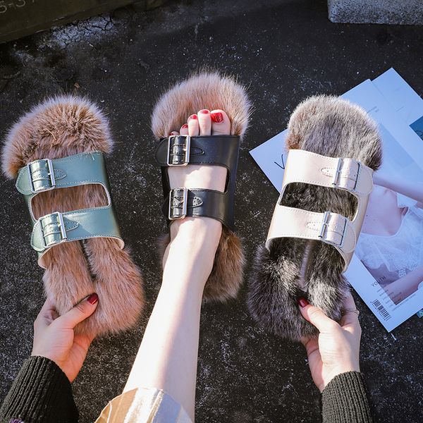 

luxury slides low shoes slippers fur loafers shose women rivet designer plush 2019 flat buckle strap basic fashion pu with fur, Black