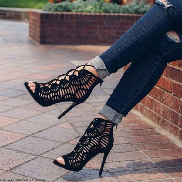 

women large size fashion sandals roman gladiator hollow straps shoes casual fish mouth high heel sandals, Black