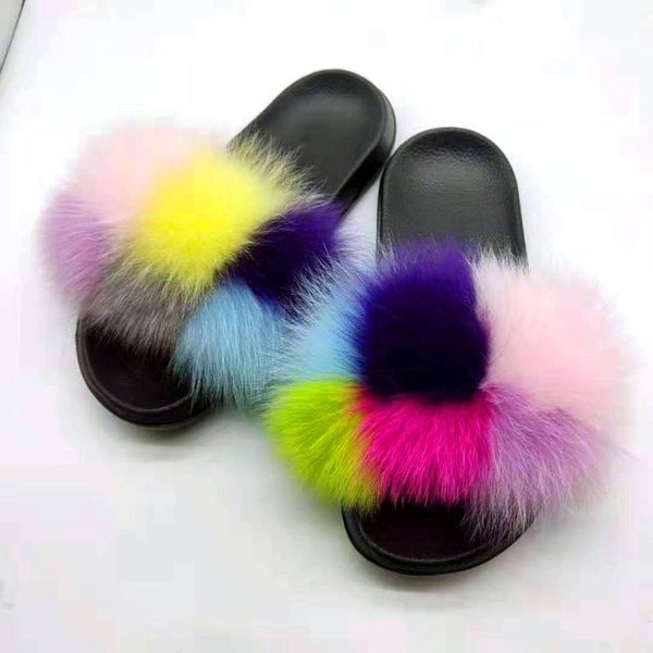 

fluffy slippers for home natural fur house slippers furry cute women shoes flat sole comfort slides soft warm fur sandals, Black