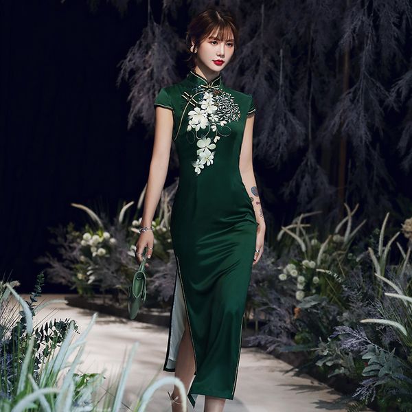 

green satin qipao plus size 5xl vestidso flower long cheongsam women vintage high split mandarin collar wedding party dress, Red