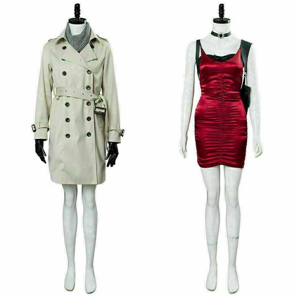 

resident evil 2 remake re ada wong/wang trenchcoat+red dress cosplay costume, Black;red
