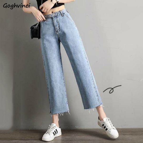 

jeans women high-waist ankle-length fur-line slim korean-style loose summer students streetwear teens all-match fashion chic new, Blue