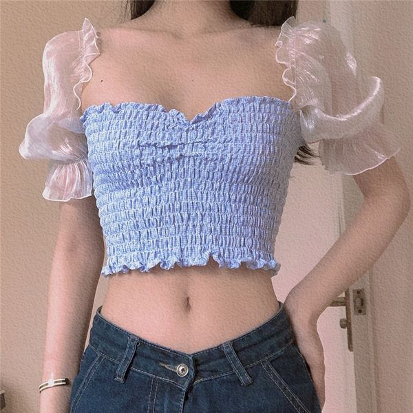 

elegant women draped blue sweet plaid shirts 2020 fashion ladies puff sleeve shirt female chic loose casual girls blouses, White