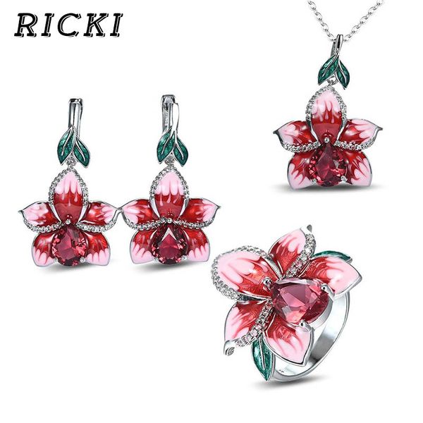 

ricki and nobility flower water drop pear-shaped pink enamel hanging necklace earrings jewelry set zy061, Silver