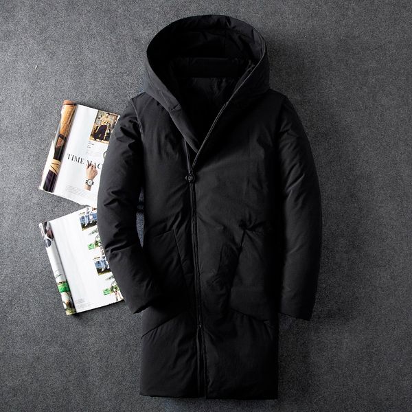 

new winter black down coat male fashion casual two pocket medium long duck down jacket men new solid color hooded jacket