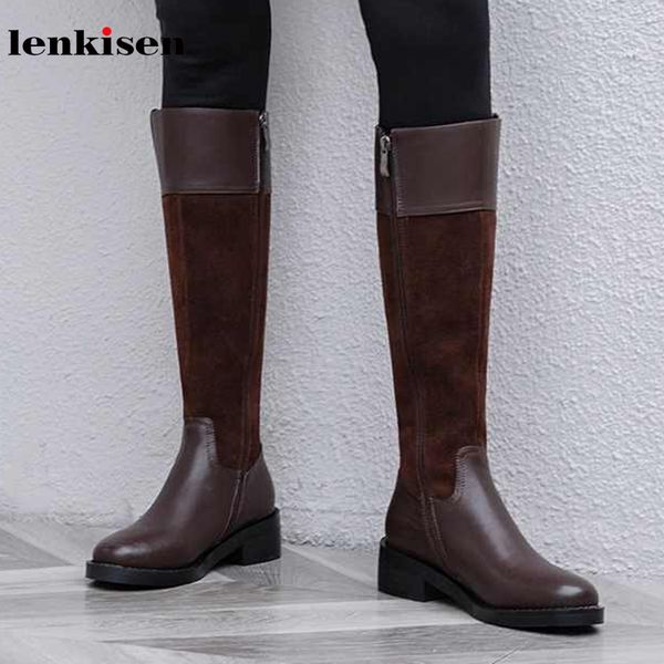

lenkisen basic genuine leather mixed colors belt buckle round toe med heels winter keep warm women fashion thigh high boots l91, Black