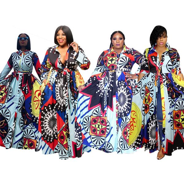 

women ethnic style single-breasted pocets casual belt digital print loose dress, White;black