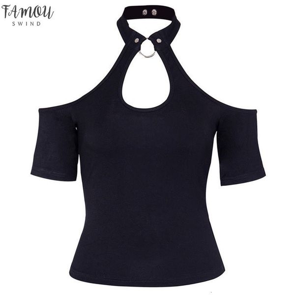 

women t shirts club gothic black summer slim rivets hole punk style ol ladies female fashion goth chic, White