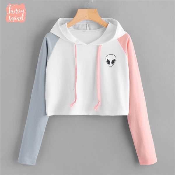 

colorblock печати шерсть liner crop толстовка дамы повседневная осень с капюшоном с длинным рукавом пуловеры женщины весна опрятный толстовк, Black