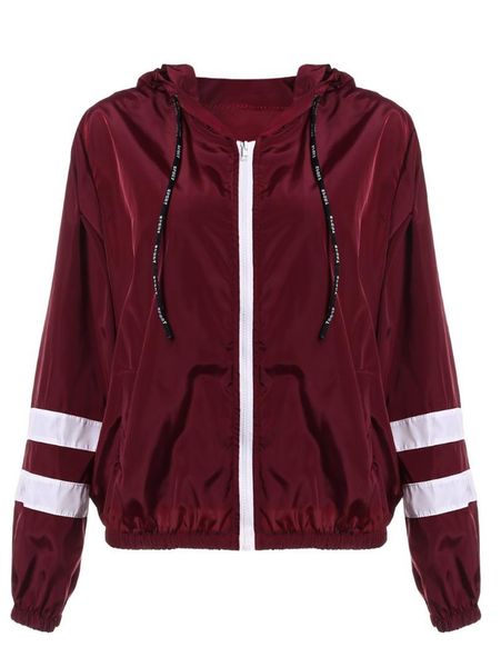 

spring women contrast ribbons trim zip up hooded jacket striped patched sleeve girl coat outwear jacket with pocket, Black;brown