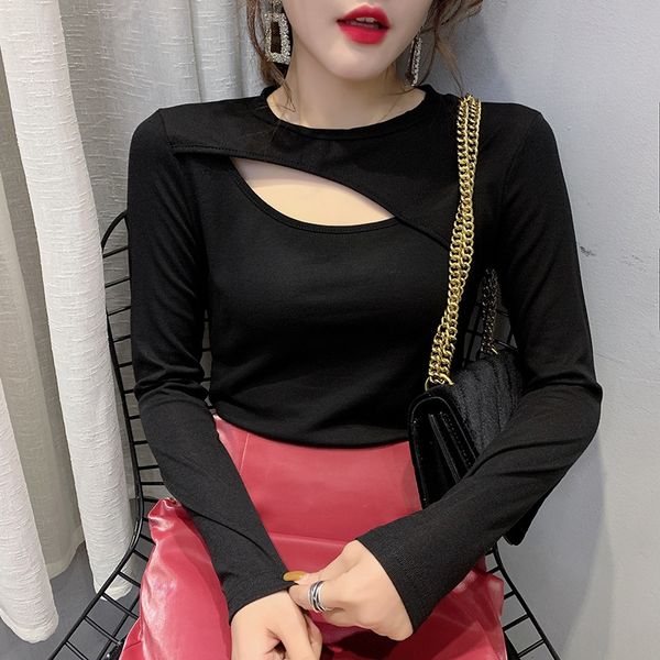 

2020 long-sleeved t- female t- shirt hollow slim versatile base shirt fashion, White