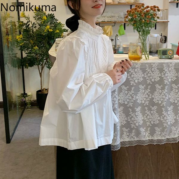 

nomikuma корейский сладкий женщин кукла рубашки слойка с длинным рукавом рябить стенд шеи blusas плиссированные однобортный твердые блузки 6, White