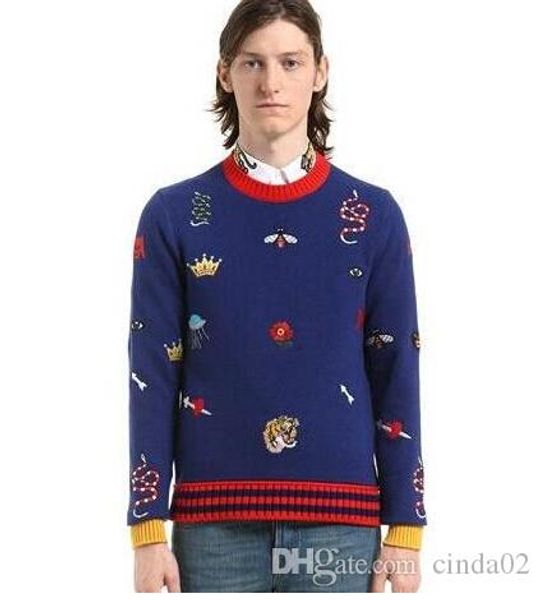 

autumn men's sweater bee tiger snake pattern embroidery cashmere material fashion sweaters dark gray and blue two colors, White;black