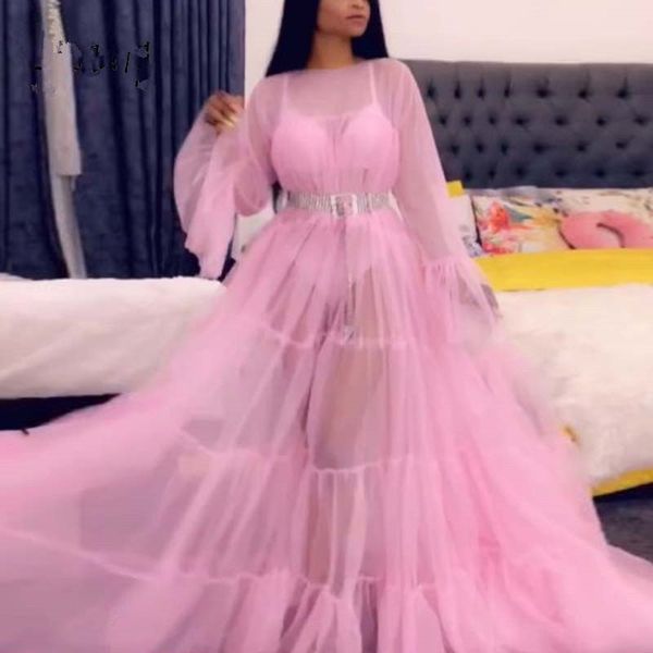 

2020 new pink see thru a-line long prom dresses with puffy full sleeves pleated prom gowns party dresses, Black