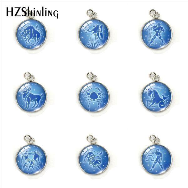 

12 zodiac signs horoscope blue symbol glass dome stainless steel pendant zodiac sign jewelry charms accessory gifts, Bronze;silver