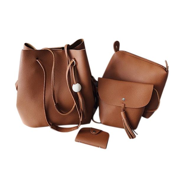 

ljl women 4pcs/set leather handbag shoulder bag tote purse messenger satchel clutch drawstring bags(brown