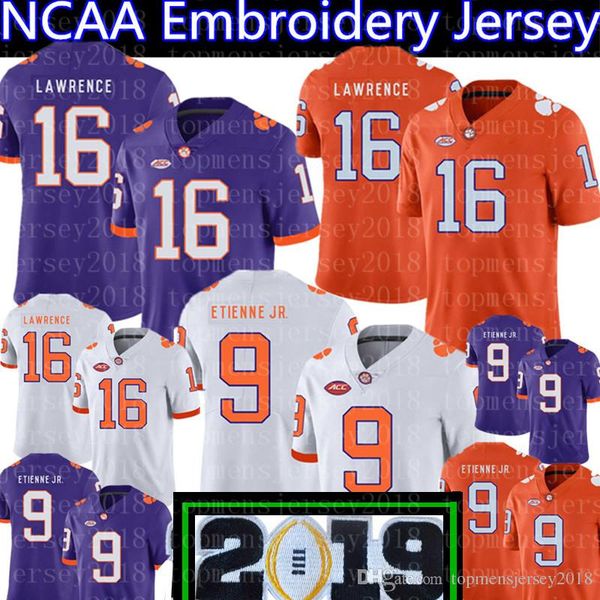 

clemson tigers 16 trevor lawrence 9 travis etienne jr. jersey 2019 championship patch football jerseys white orange purple, Black