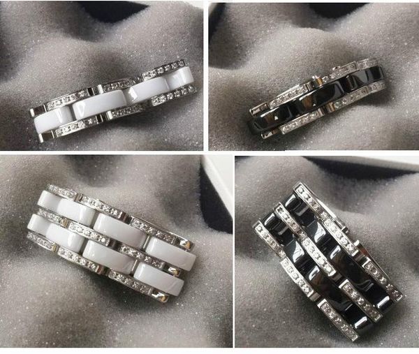 

fashion ring for women double row titanium steel inlaid crystal black and white ceramic love wedding ring, Golden;silver