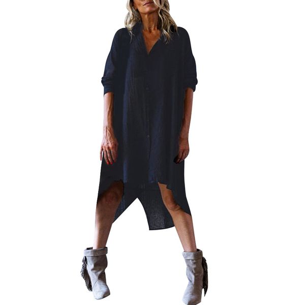 

women's clothing solid color button loose long-sleeved dresses, Black;gray