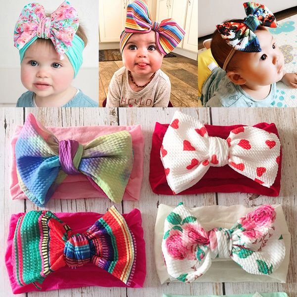 

fashion sweet flower baby girls headbands newborn hairband rainbow print toddler bowknot turban baby hair accessories, Slivery;white